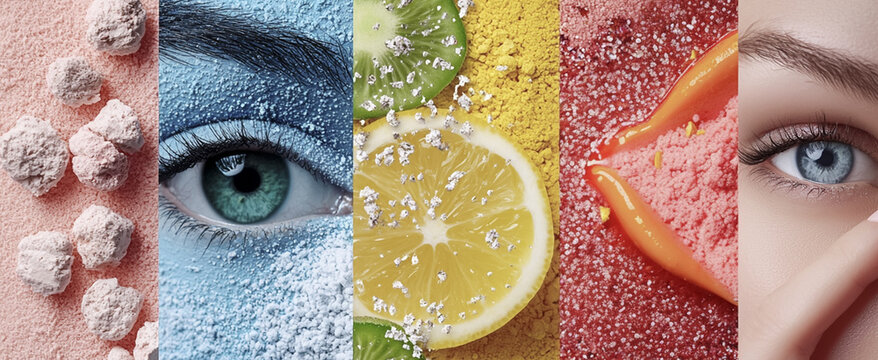 A vibrant and artistic image showcasing makeup textures, bold colors, and delicate details. Ideal for themes of beauty, cosmetics, sustainability, and modern aesthetics. Eyes and Beauty. 