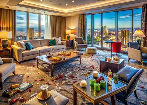 Trashed Vegas Hotel Suite: Wide Cinematic Shot of a Lavish Modern Living Room After a Party