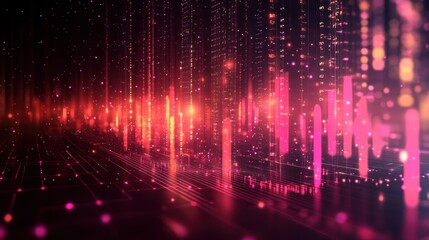 Fototapeta premium Abstract digital cityscape with glowing pink and red data streams.