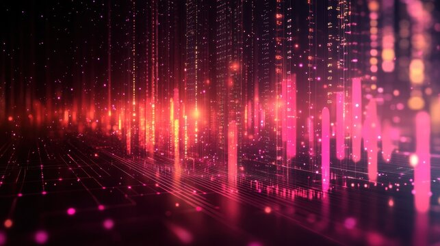 Abstract digital cityscape with glowing pink and red data streams.