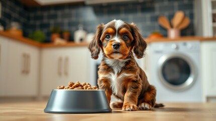 A delightful tiny cocker spaniel puppy is having fun in a warm kitchen. The puppy sits close to its food bowl, showcasing its adorable features and playful energy