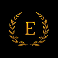 Emblem Letter E Linked Monogram Golden Laurel Logotype