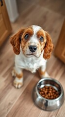 Curious tiny cocker spaniel puppy sits patiently in a warm kitchen, gazing up with wide eyes while a bowl of kibble awaits its attention and delight