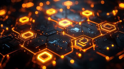 Abstract glowing orange hexagonal circuit board.