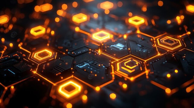 Abstract glowing orange hexagonal circuit board.
