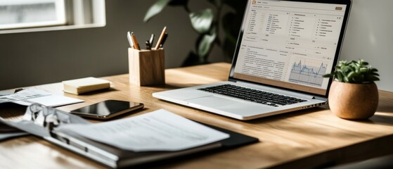 Modern Workspace with Laptop and Documents on Wooden Desk in Sunlit Office Environment
