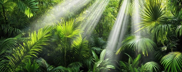 Obraz premium Lush tropical jungle with sunlight filtering through dense foliage.