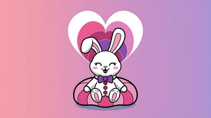 Adorable White Rabbit Sitting on Pink Heart Shaped Cushion