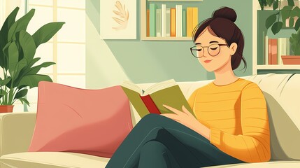 A girl sitting on a sofa reading