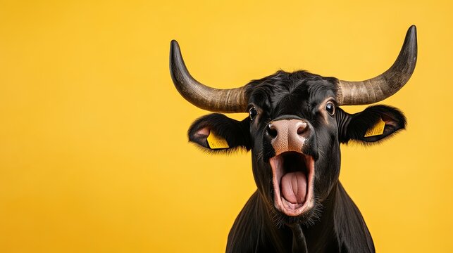 bull face. open mouth. Surprised and shocked with paws on his head on a colored plain background. place for text.