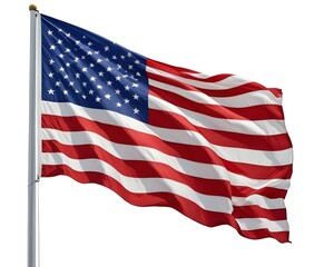 Fototapeta premium A large American flag waving in the wind, with its iconic red and white stripes and 50 white stars on a blue background