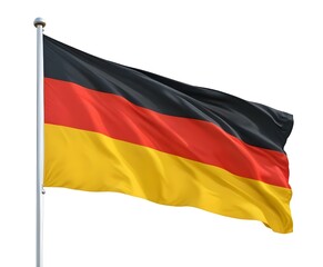 A German flag waving in the wind, with the traditional black, red, and gold colors