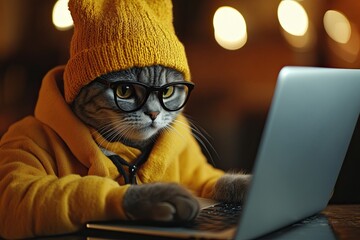 cat. happy. in hipster clothes with a laptop, concept of casual clothes and portrait of an animal behind a laptop. unusual light. bokeh plain background. place for text.