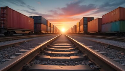 Fototapeta premium Train tracks leading towards a colorful sunset with cargo containers on both sides