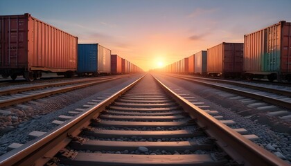 Obraz premium Train tracks leading towards a colorful sunset with cargo containers on both sides