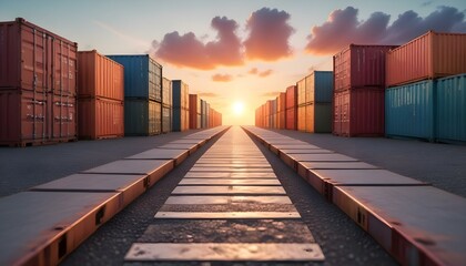 Fototapeta premium Path leading towards a colorful sunset with cargo containers on both sides