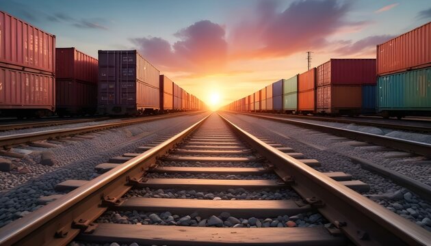 Train tracks leading towards a colorful sunset with cargo containers on both sides