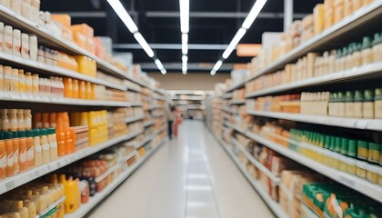Fototapeta premium Blurred image of a supermarket aisle with shelves stocked with various products