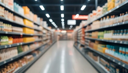 Blurred image of a supermarket aisle with shelves stocked with various products