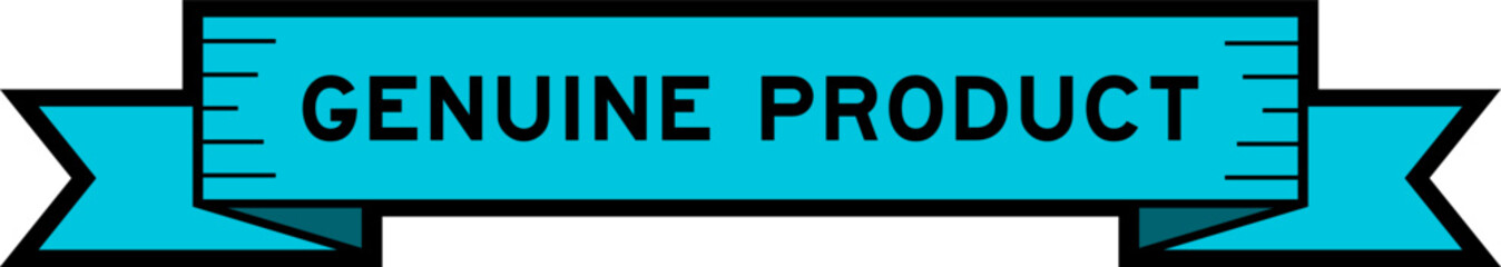 Ribbon label banner with word genuine product in blue color on white background