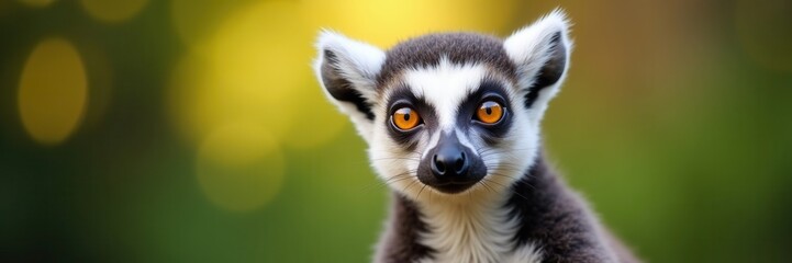 Fototapeta premium Captivating gaze of a ring-tailed lemur showcasing vibrant amber eyes against a softly blurred natural backdrop in a captivating close up portrait