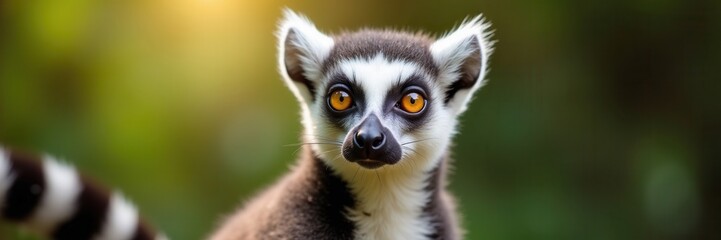 Obraz premium A Striking Portrait of a Ring-tailed Lemur with Intense Orange Eyes Against a Lush Green Bokeh Background Capturing its Adorable and Curious Expression