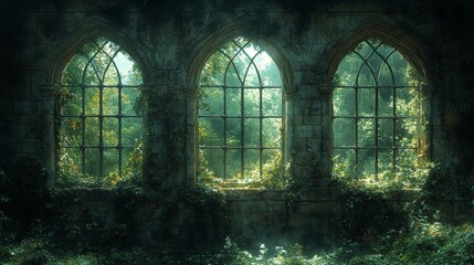 Ivy-Covered Gothic Arched Windows with Sunlight Streaming Through. Generative AI