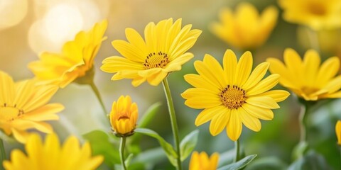 Obraz premium Vibrant yellow summer flowers are in full bloom, creating a stunning display of nature s beauty. Enjoy the sight of these yellow summer flowers, perfect for your seasonal inspirations.