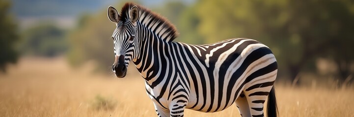 Fototapeta premium A Majestic Zebra Standing Proudly in a Golden Savannah Landscape displaying its Striking black and white stripes with vibrant soft focus background