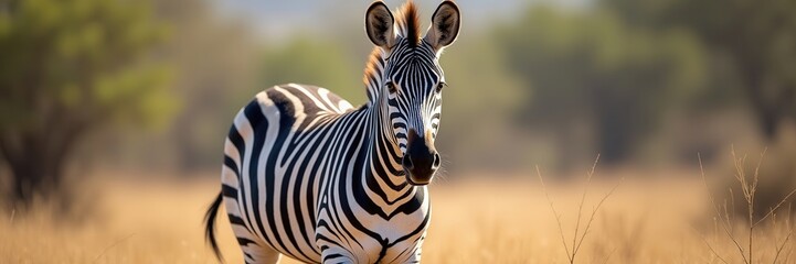 Naklejka premium A Striking Zebra Portrait in a Golden Savannah Landscape with the animal looking directly at the viewer creating an immersive experience
