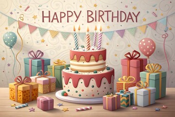 Happy Birthday Celebration with Gift Boxes, Balloons, and a Festive Cake for Greeting Cards, Party Invitations, and Celebration-Themed Designs