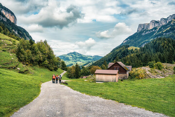 Rustic village in Alpstein mountain between alpine track of Seealpsee at Appenzell, Switzerland