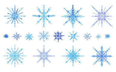 Set of watercolor snowflakes of different sizes. Blue and purple snowflakes isolated on white background. Hand drawn winter decorative elements. Watercolor illustration