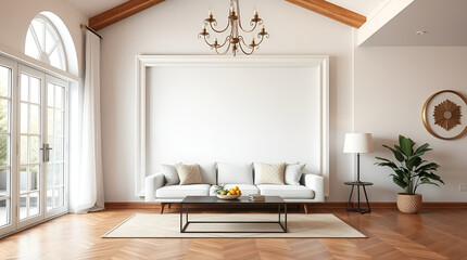 A high-resolution stock photo of an empty white frame in a house interior, vibrant and energetic with bright colors, elegant and refined features