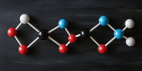 Molecular structure model showcasing the glycine molecule, featuring the structural chemical formula displayed on a black chalkboard. In this model, glycine is represented with black for carbon, red