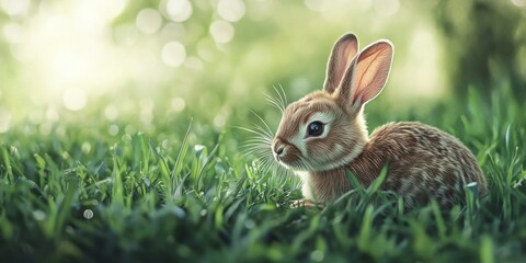 Fototapeta premium Close up of a rabbit resting on lush green grass, showcasing the rabbit s features in detail against a softly blurred background, highlighting the serene environment of the rabbit.