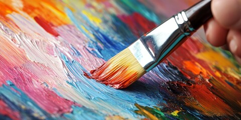 Fototapeta premium Hand holding a paint brush creates vibrant strokes on a color painted background, showcasing the artistry involved in crafting captivating color painted backgrounds with precision.