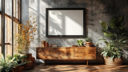 Black minimalist frame on a rustic wall with wooden furniture and plants. Generative AI