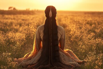 Sunset illuminates long hair, creating serene atmosphere of pers