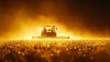 Fototapeta premium Golden Fields at Dusk with Harvesting Equipment