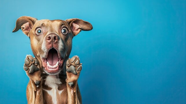 dog face. open mouth. Surprised shocked with paws on head on blue background. place for text.