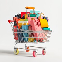 Colorful Shopping Cart Filled with Various Fashionable Bags and Luggage