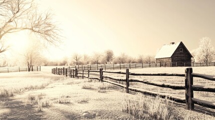 Harsh Light Farm Scene with Fencing and Winter Landscape