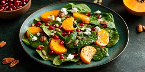 Persimmon salad featuring fresh spinach, nuts, creamy goat cheese, pomegranate, and crunchy pumpkin seeds offers a vibrant healthy vegetarian food concept perfect for any occasion.