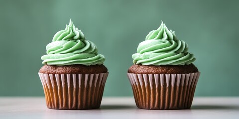 Two cupcakes featuring green icing are positioned one on the left and the other on the right, creating a delightful presentation.