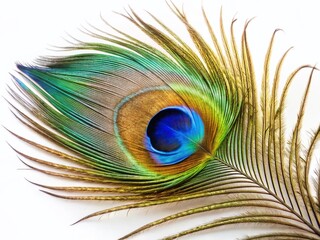 Fototapeta premium Vibrant Peacock Feather Isolated, Close-up Macro Shot, Blue Green Jewel Tones, Detailed Texture, Exotic Bird Plumage