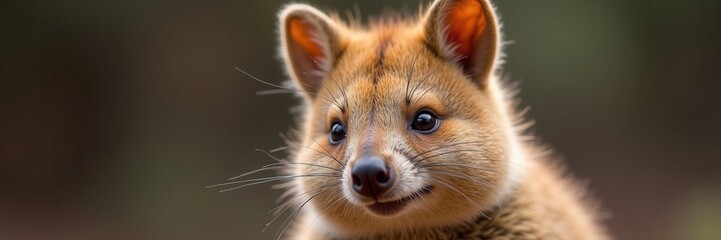 Fototapeta premium Close-up portrait of an adorable quokka with its fluffy reddish-brown fur dark eyes and delicate whiskers looking inquisitively towards the viewer