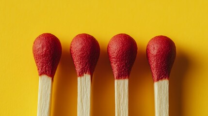 Macro shot of four matches aligned in a row against a striking yellow backdrop, highlighting the details and textures of the matches in this captivating composition.