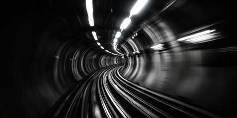 A subway tunnel featuring rails and lights, captured from the driver s perspective, presents a...