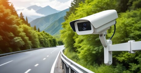 A security camera mounted on a tower overlooking a winding road through a lush, green landscape with mountains in the background